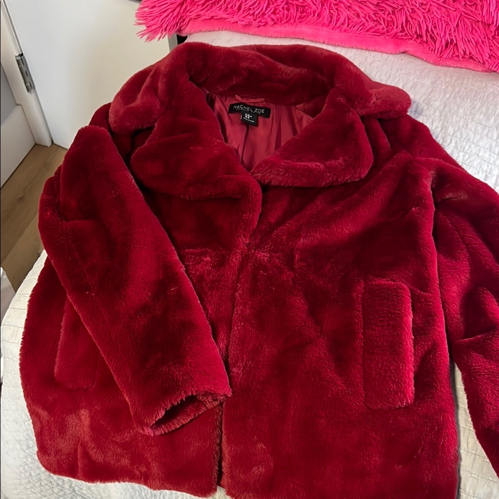 Rachel Zoe Women's Red Faux Fur Jacket, M, w/ pockets & eyelet closure in front